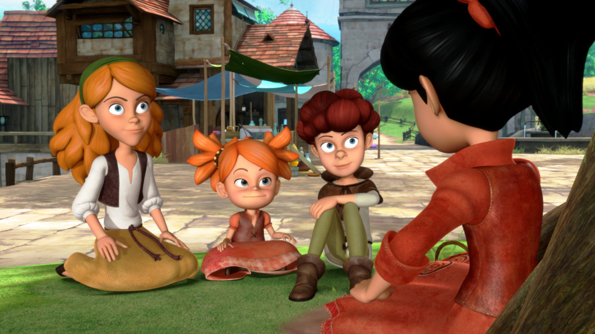 Scarlett erzählt drei Kindern die Geschichte von Robin Hood. Alle sitzen auf dem Boden vor einem Baum.