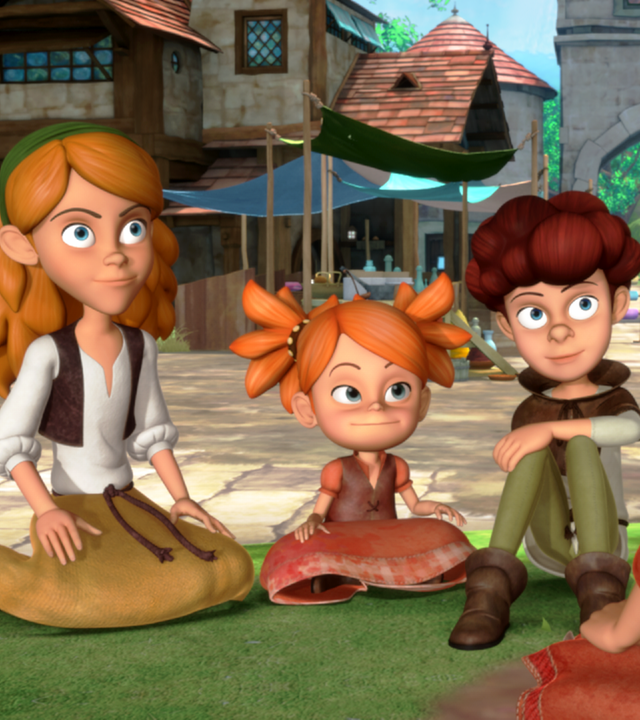 Scarlett erzählt drei Kindern die Geschichte von Robin Hood. Alle sitzen auf dem Boden vor einem Baum.