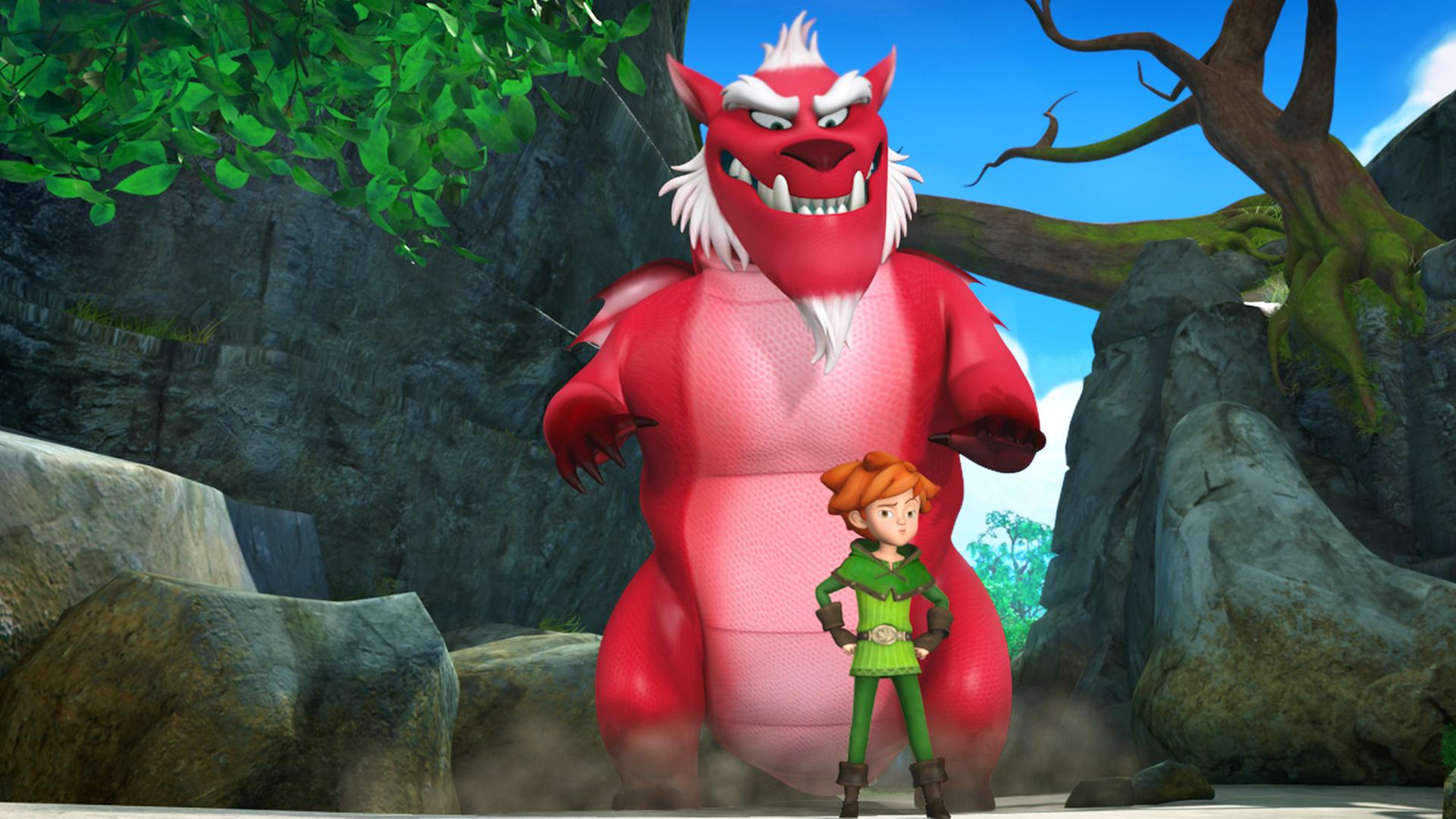 Hinter Robin steht ein großer roter Drache und lauert ihm auf.