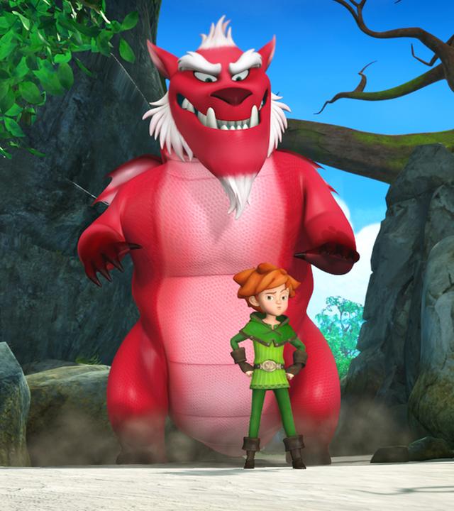 Hinter Robin steht ein großer roter Drache und lauert ihm auf.