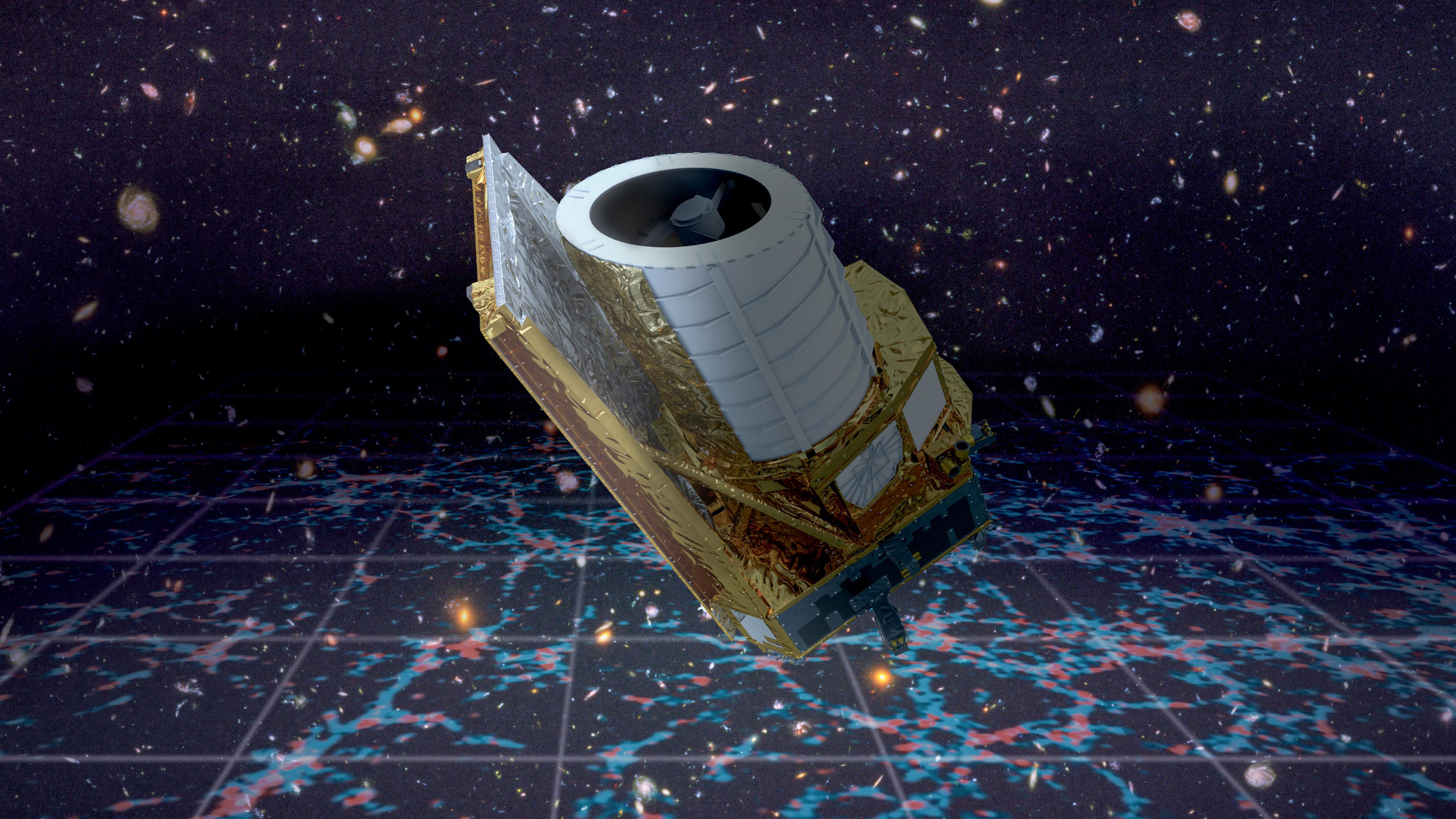 Eine computergenerierte Visualisierung der ESA-Sonde "Euclid" im All.