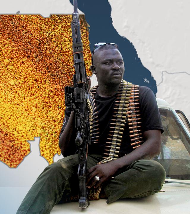 Ein Kämpfer sitzt mit einem Gewähr auf einem Fahrzeug, im Hintergrund ein Symbolbild für Gold