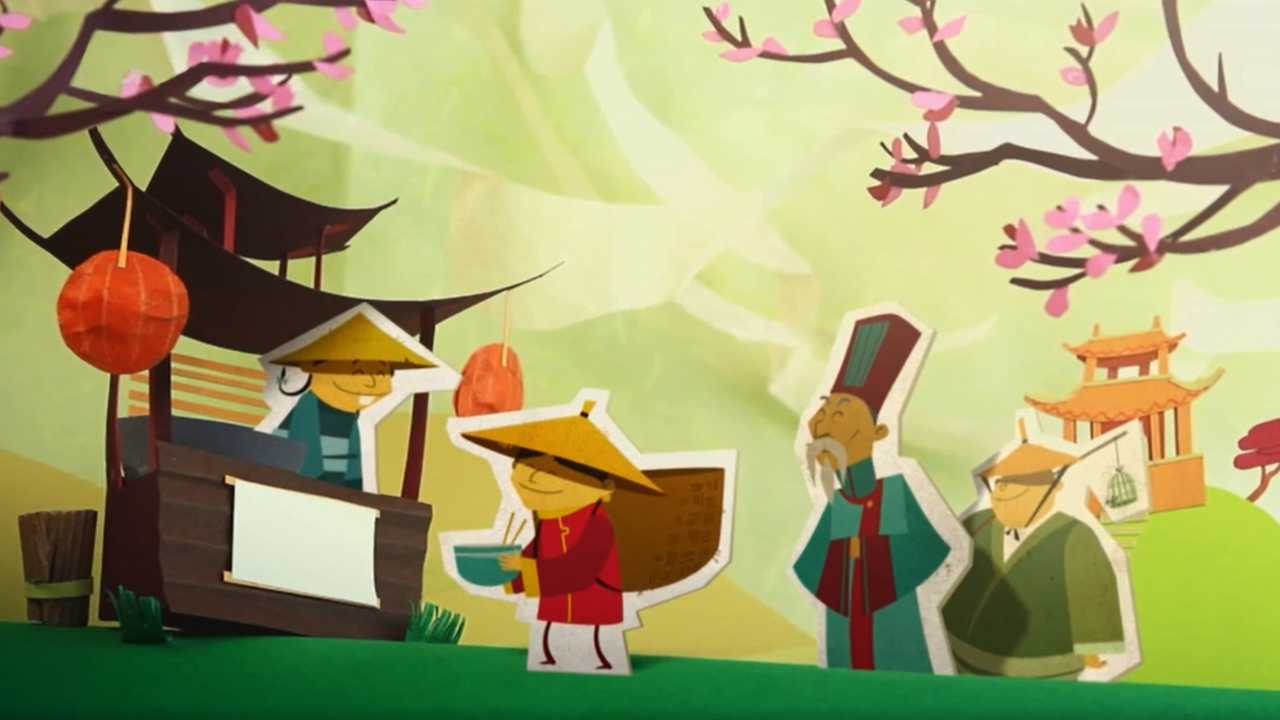 Ein Chinese kauft eine Schale Essen bei einem Straßenverkäufer