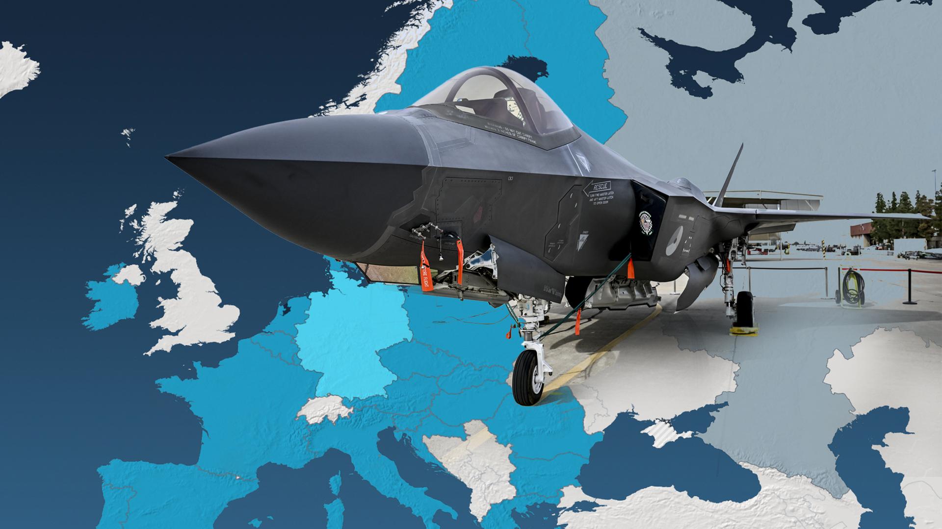 Ein Kampfjet vor den Umrissen der Europa-Karte, darüber die Aufschrift "Eigene Atomwaffen für Deutschland?"
