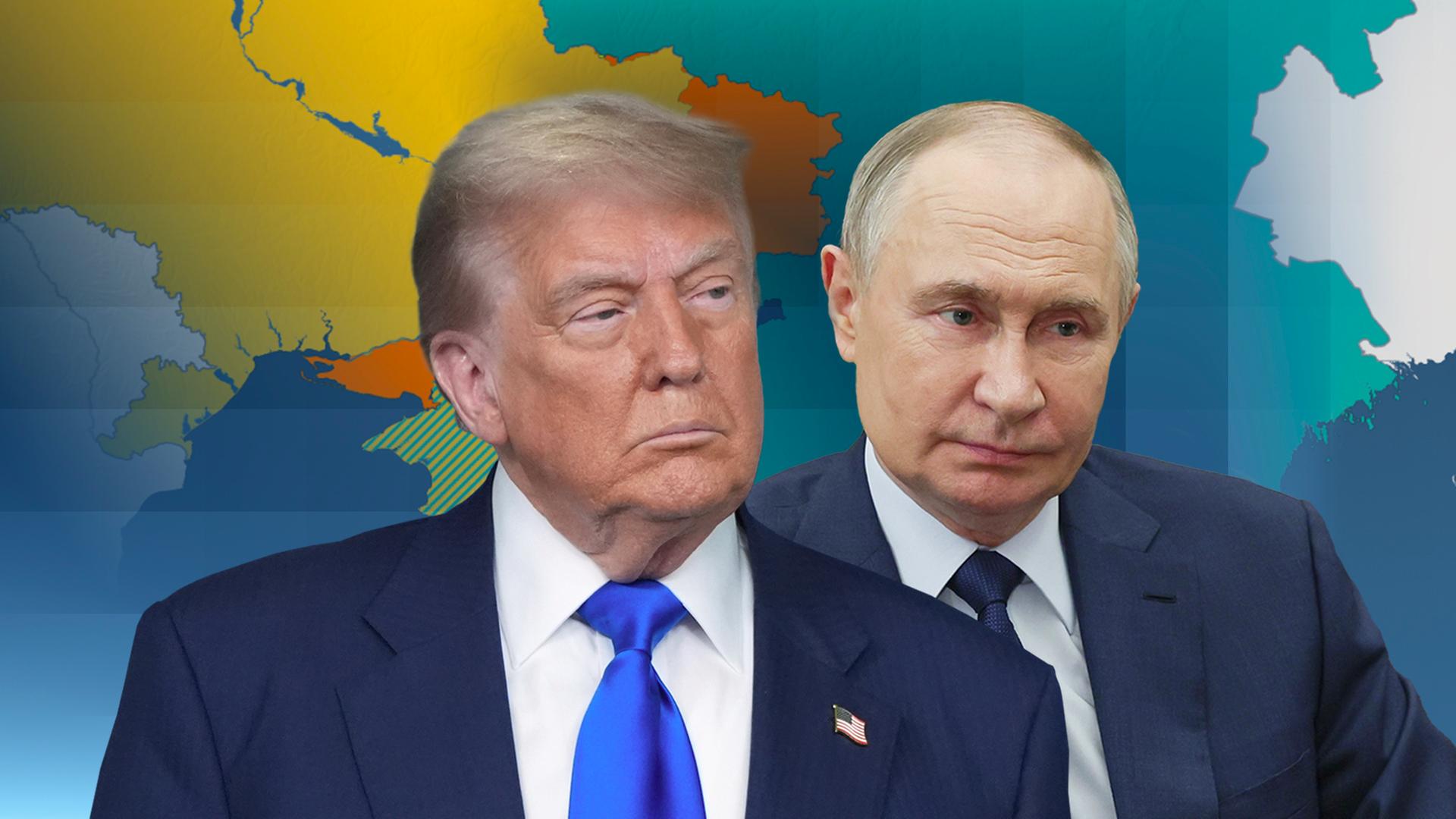 Trump und Putin vor einer Karte der Ukraine