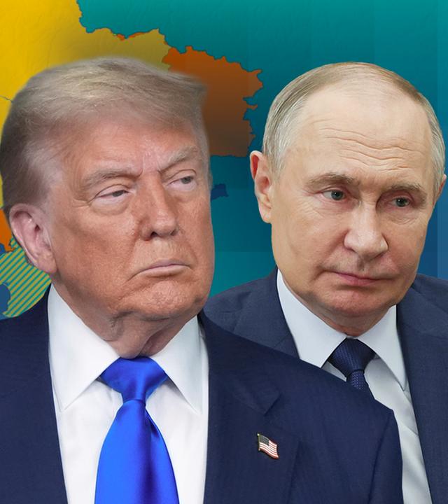 Trump und Putin vor einer Karte der Ukraine