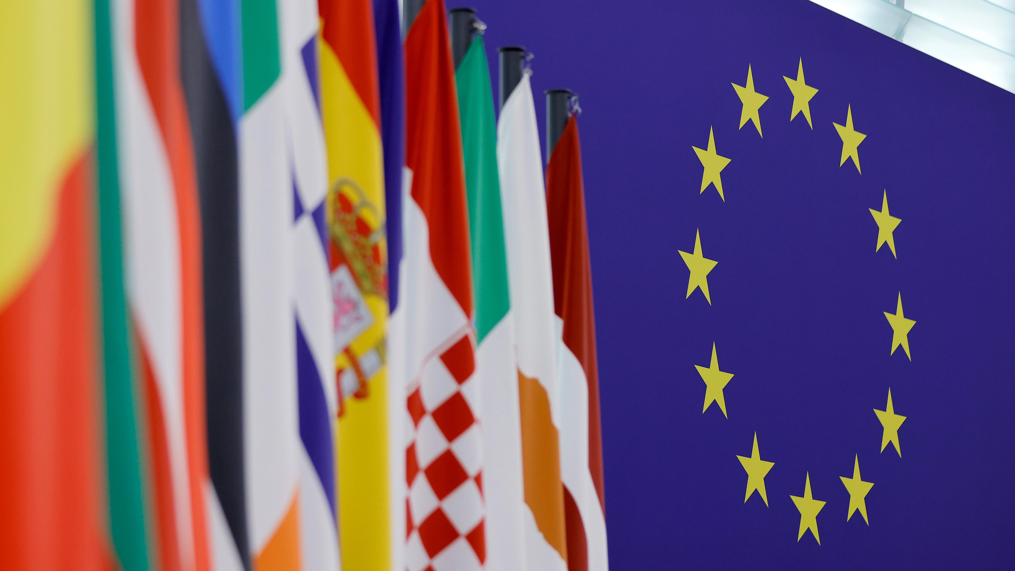Flaggen und das Logo der Europäischen Union sind im Plenarsaal des Europäischen Parlaments in Straßburg (Frankreich), aufgenommen am 06.02.2024