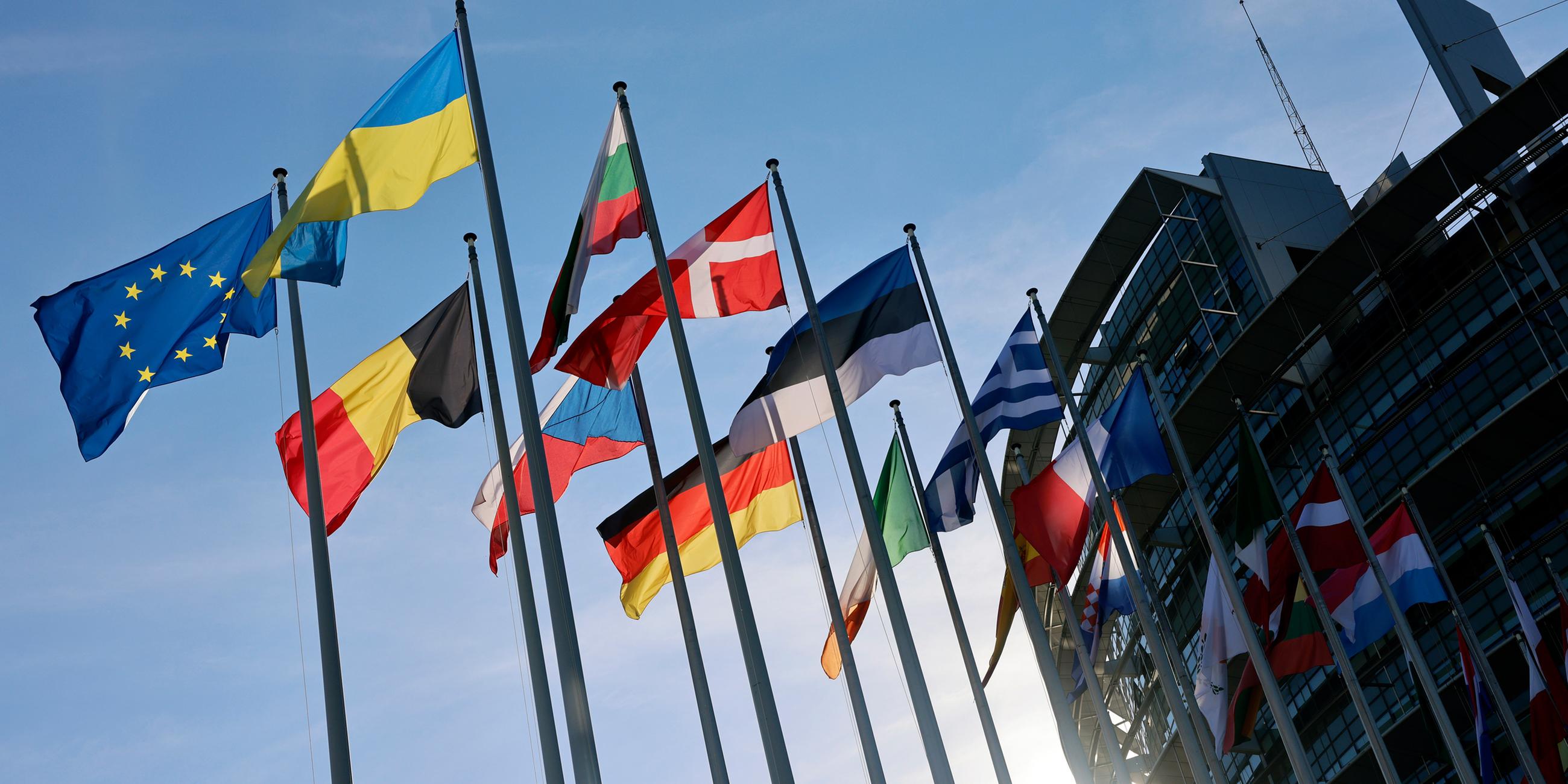 EU-Parlament in Straßburg: Flaggen von EU-Staaten wehen im Wind. (Symbolbild)