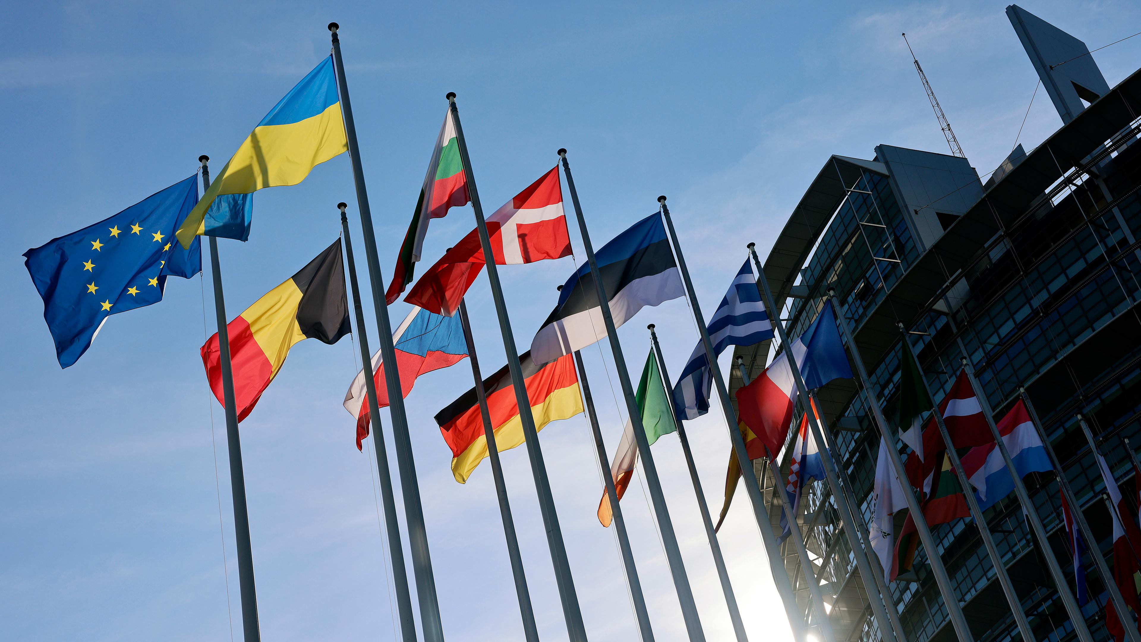 Nationalflaggen vor Europaparlament in Straßburg