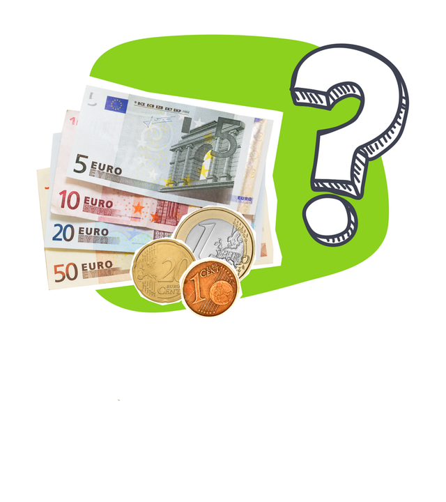 Grafik: Euroscheine und Euromünzen, daneben Fragezeichen