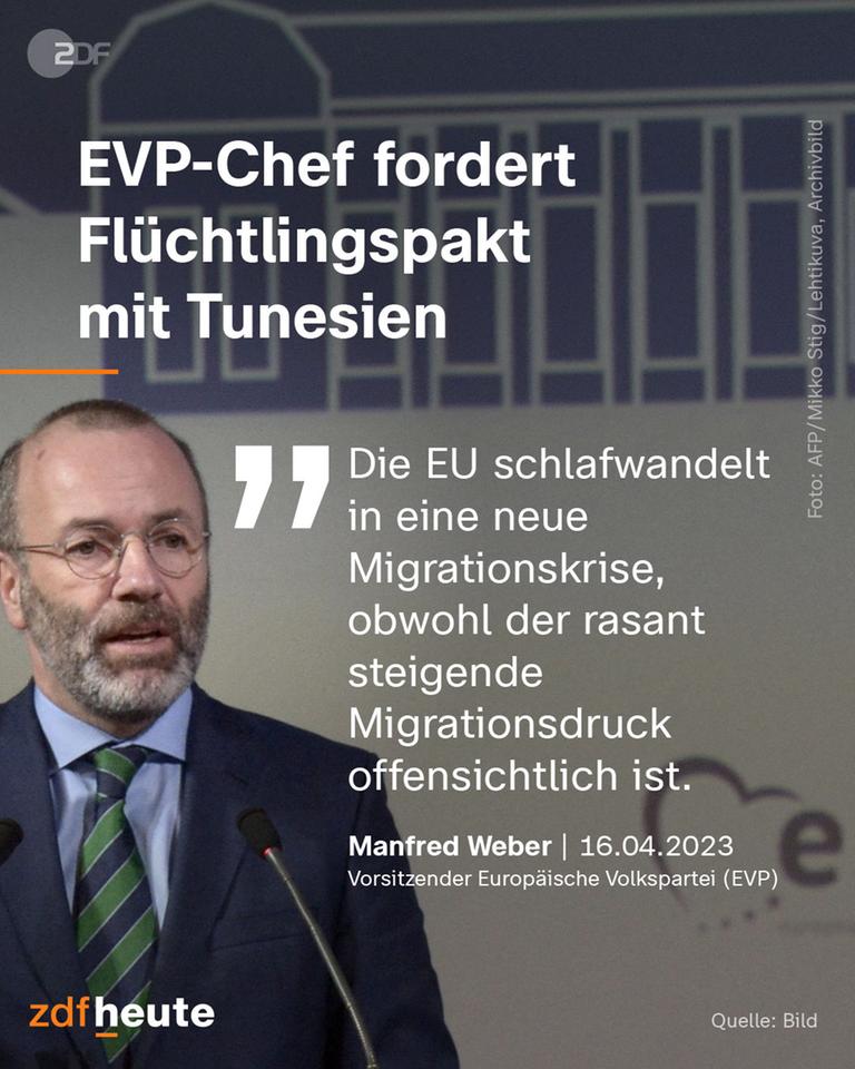Der EVP-Chef Manfred Weber ist abgebildet mit einem Zitat über die Migrationskrise.