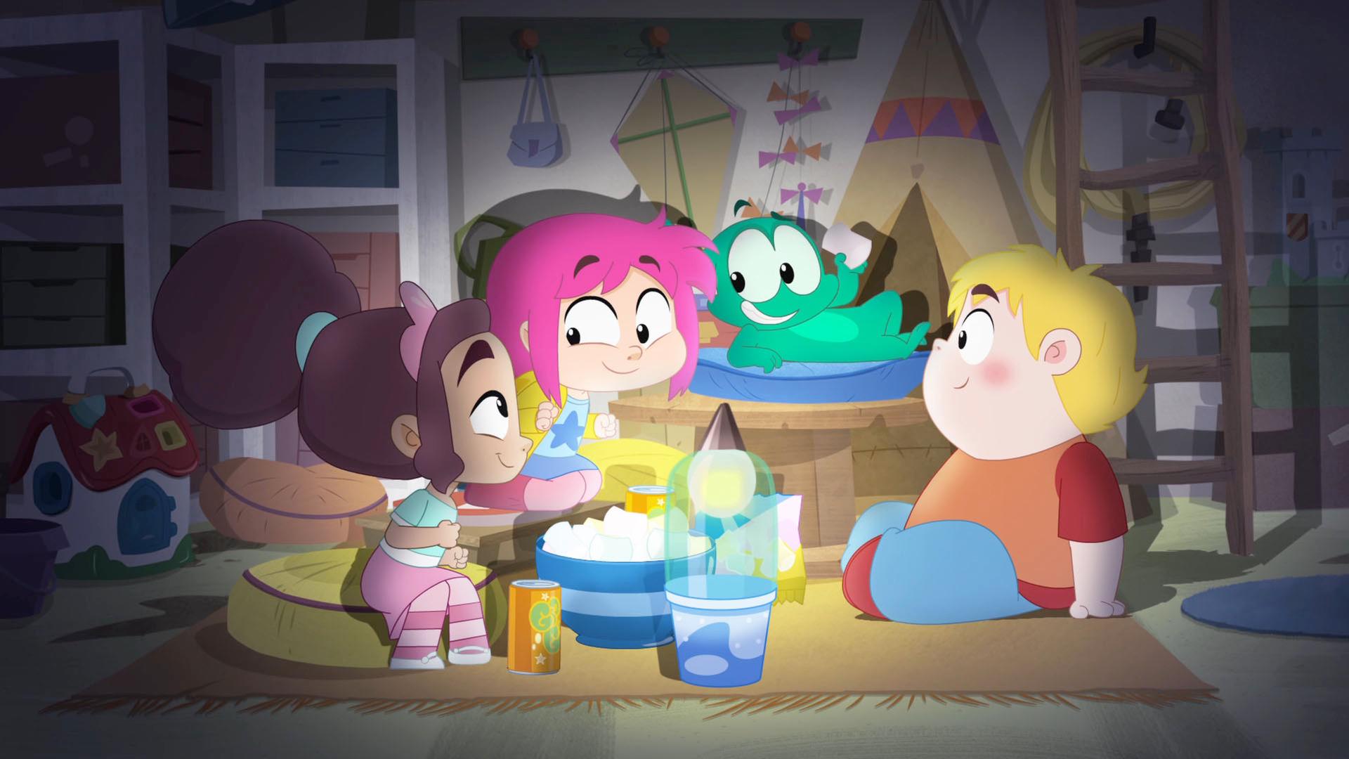 Nadine, Rebecca, Ernest und Francois haben es sich in Rebeccas Zimmer gemütlich gemacht, das sie wie das Innere eines Zeltes dekoriert haben.