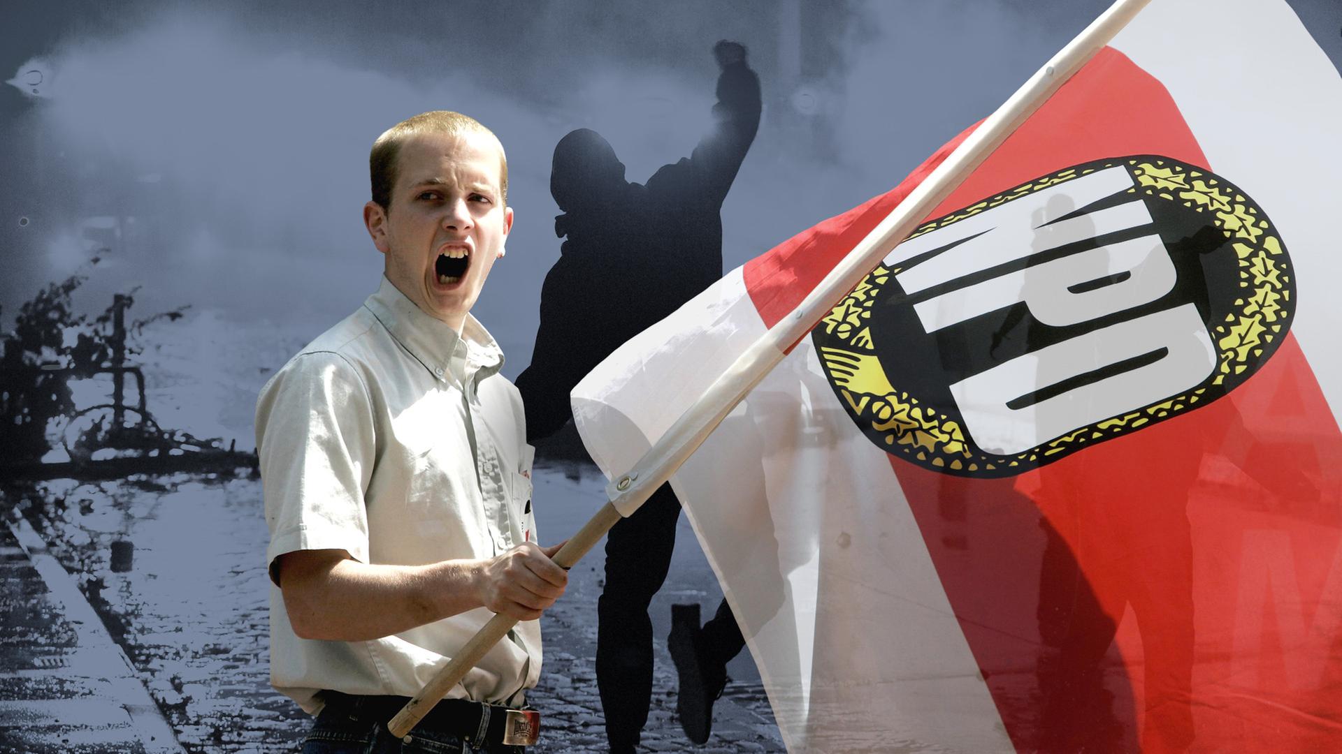 Rechter Demonstrant mit NPD-Fahne - im Hintergrund ein Steinwerfer