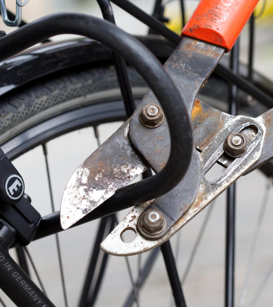 Ein Bolzenschneider wird verwendet, um ein Fahrradschloss aufzubrechen.