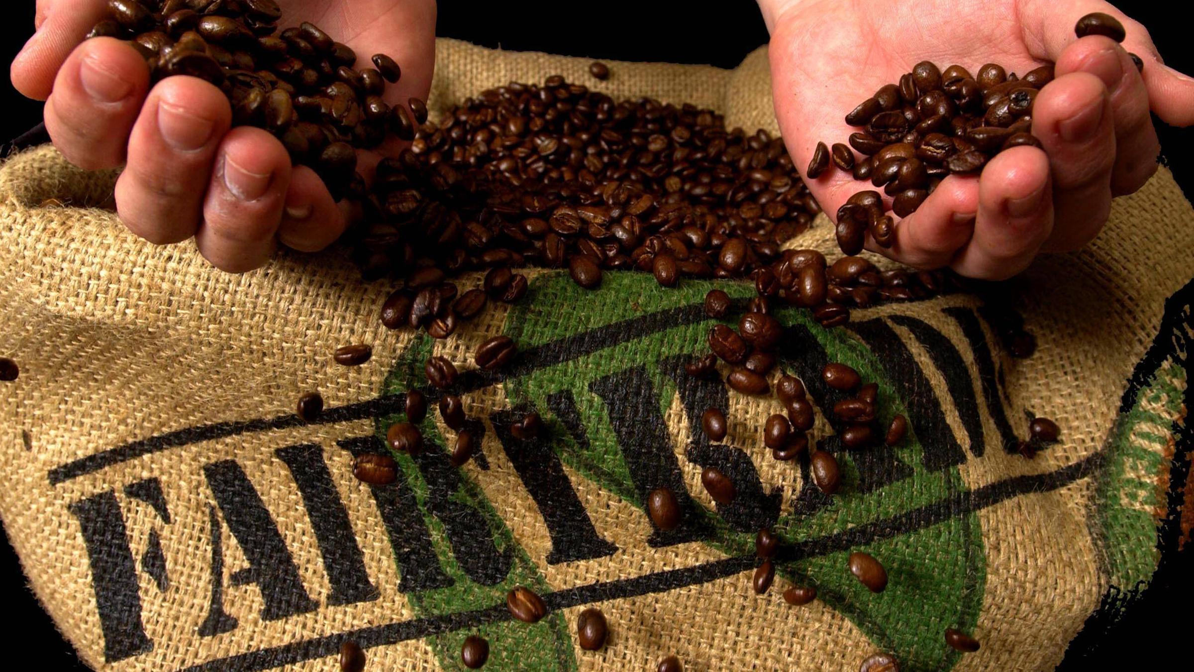 Kaffeebohnen rieseln durch zwei Hände auf einen Sack mit der Aufschrift "Fairtarde"