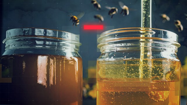 Bildmontage: Zwei Honiggläser mit Zuckersirup gestrecktem Honig, um die Bienen fliegen