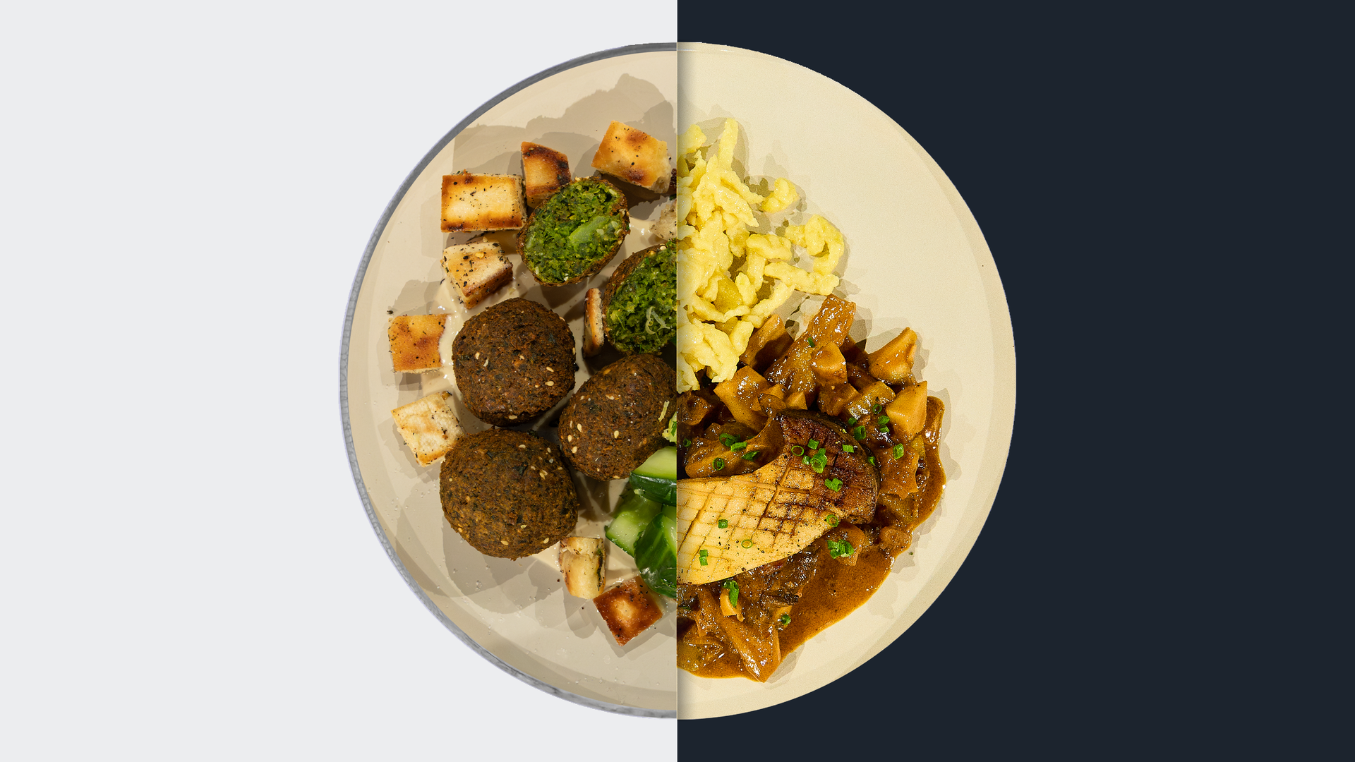 Falafel mit Pita-Chips vs. Pilz-Stroganoff