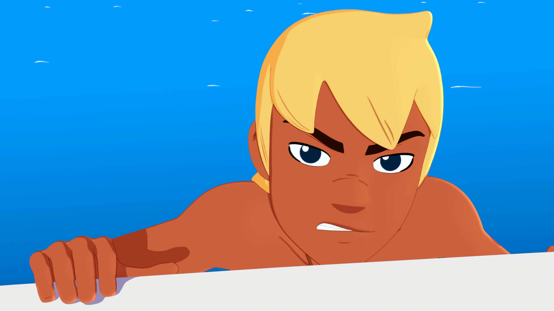 Yann zieht sich aus dem Wasser. Er sieht grimmig aus.