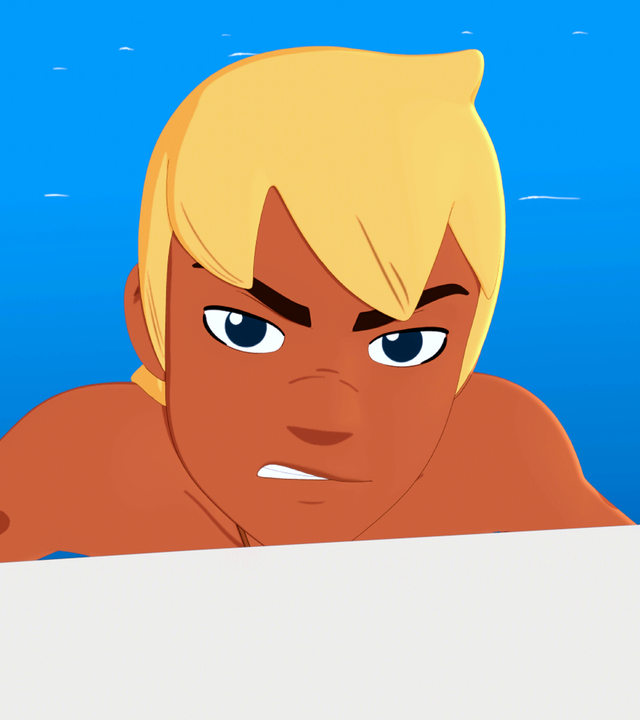 Yann zieht sich aus dem Wasser. Er sieht grimmig aus.