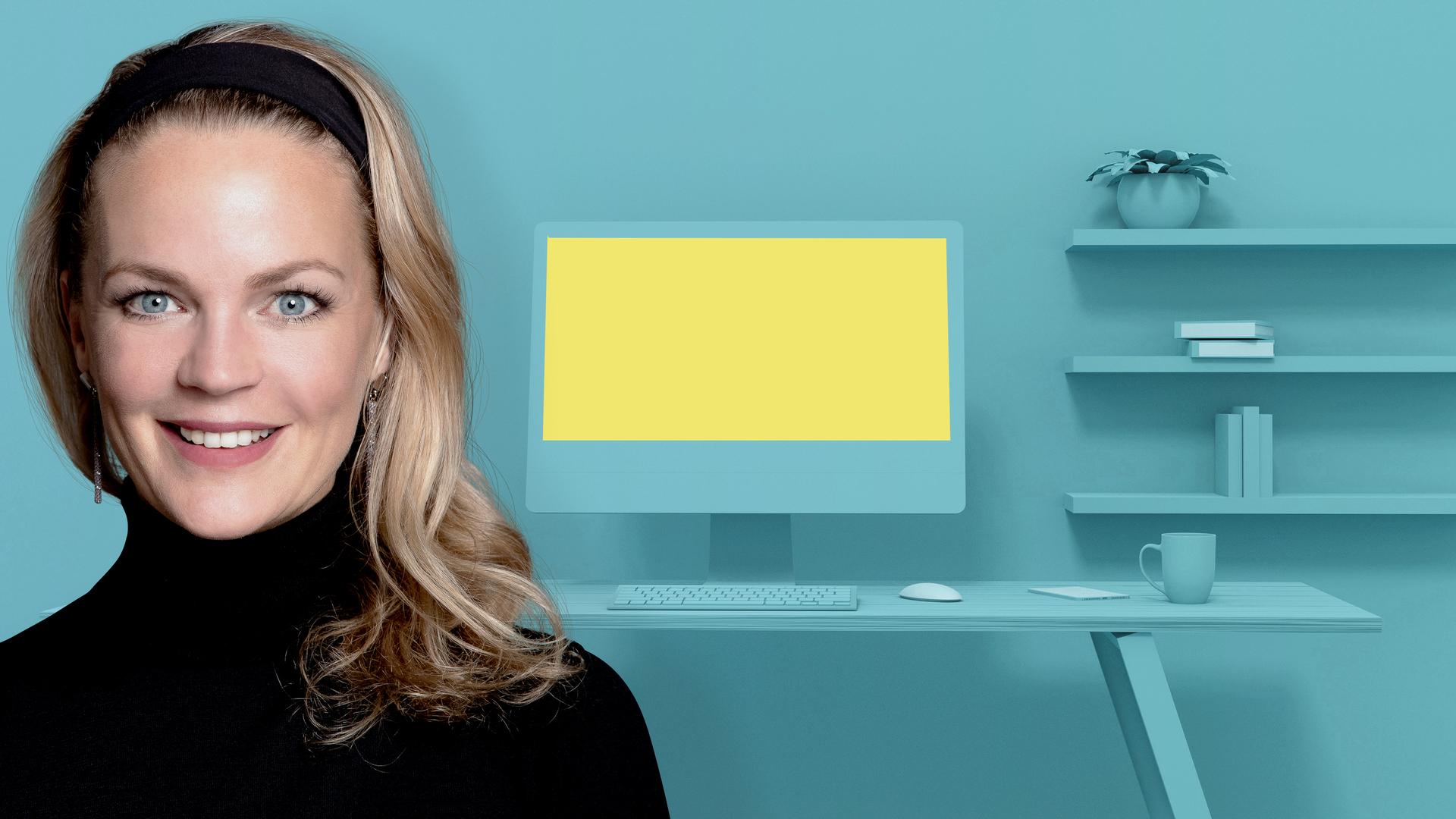 Eva Brenner im Portrait vor einem pastelblauen Hintegrund, in dem ein Büro angedeutet ist.