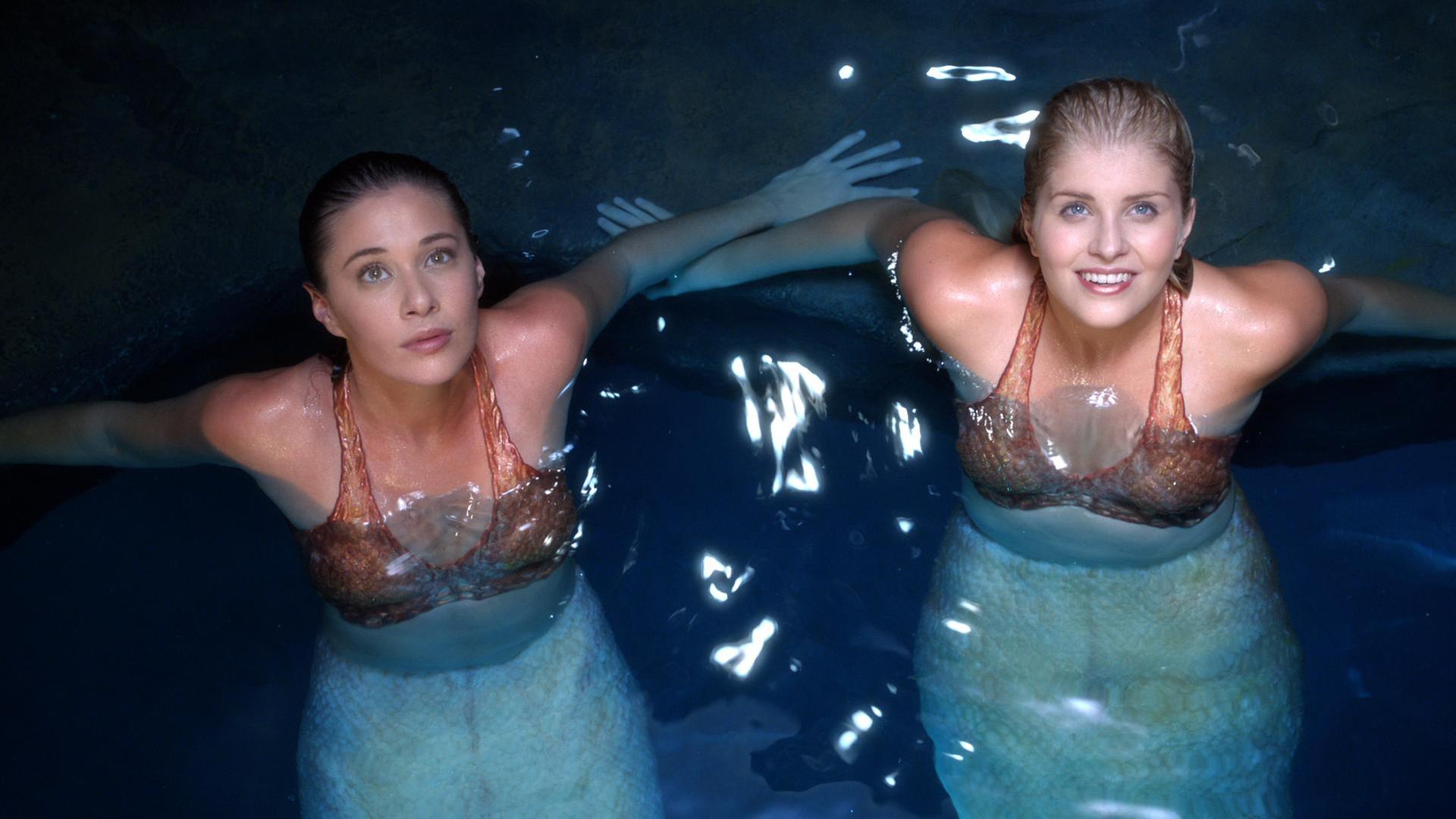 Evie und Sirena schauen im Wasser nach oben.