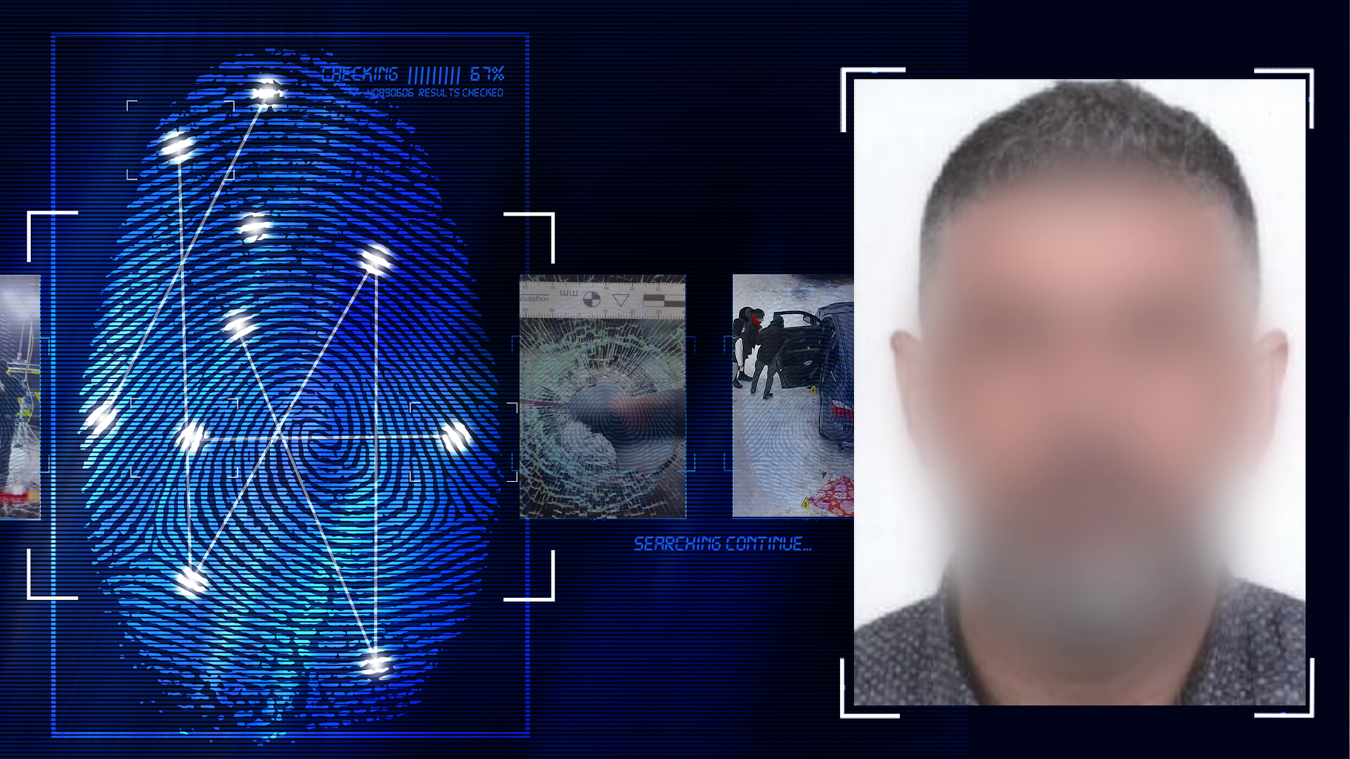 Portraitfoto eines Mannes vor weißem Hintergrund. Der Mann ist ca. 45 Jahre alt, hat kurze gräuliche Haare und schaut frontal in die Kamera. Er trägt einen Vollbart und ein graugepunktetes Hemd. Sein Gesicht wurde technisch verfremdet. Links daneben: Lichtschematische Darstellung eines Fingerabdrucks.