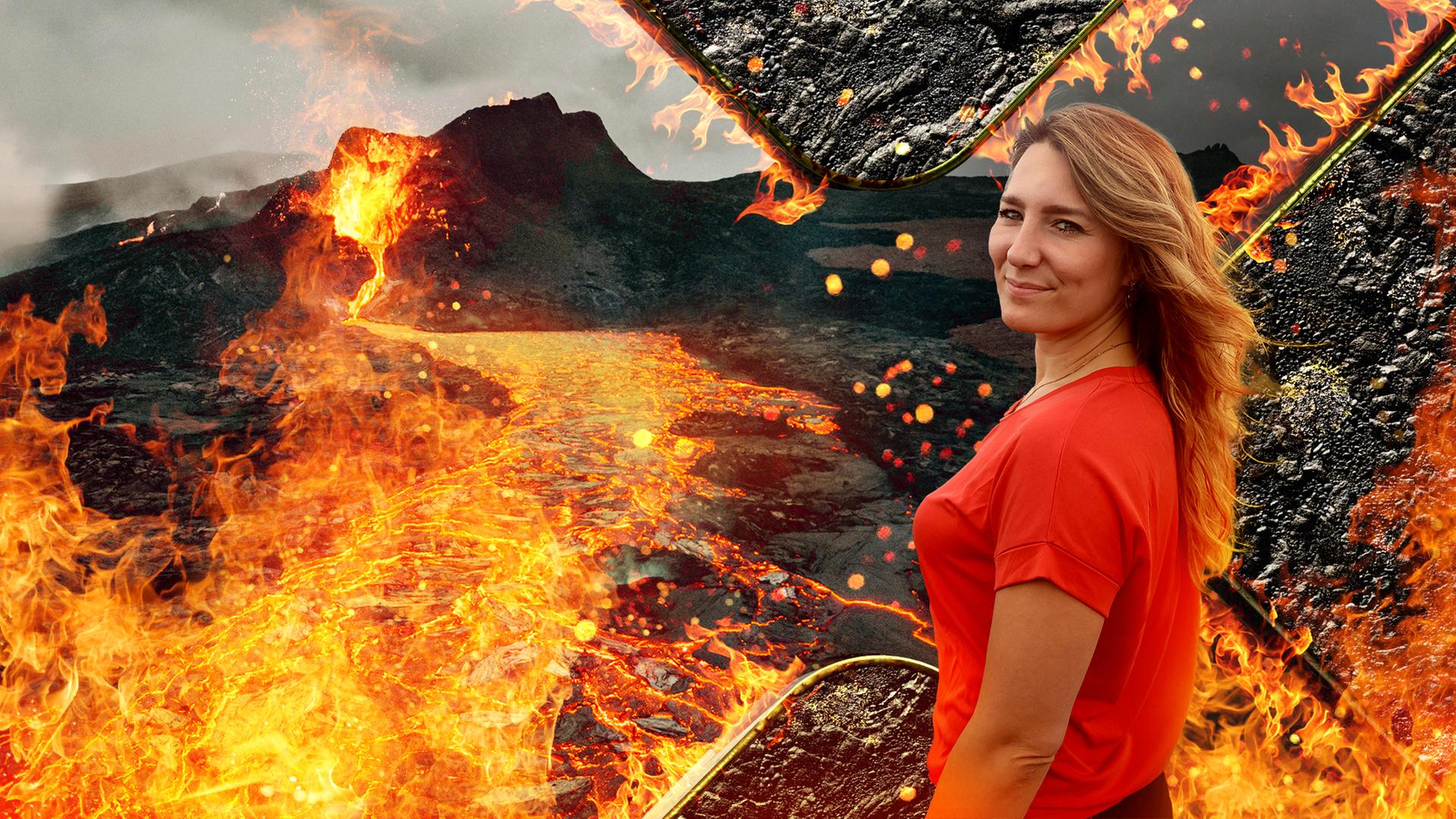 Collage: Jasmina Neudecker vor Vulkanlandschaft