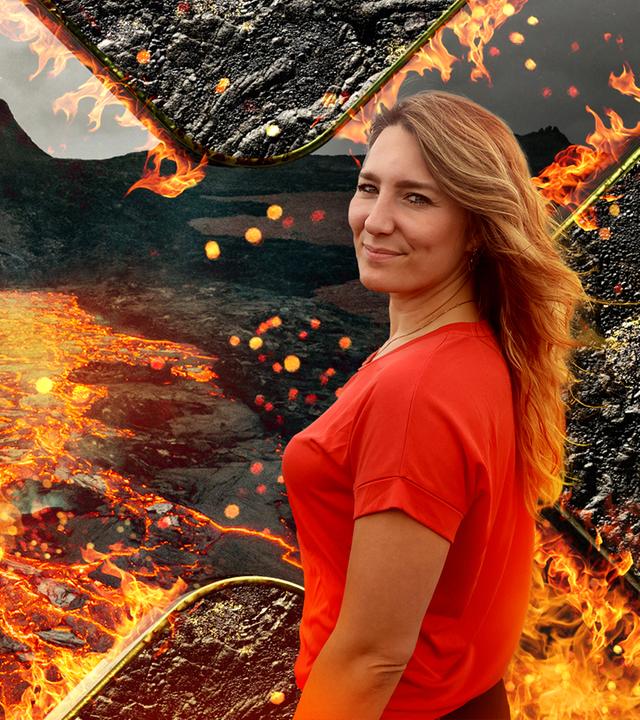 Collage: Jasmina Neudecker vor Vulkanlandschaft
