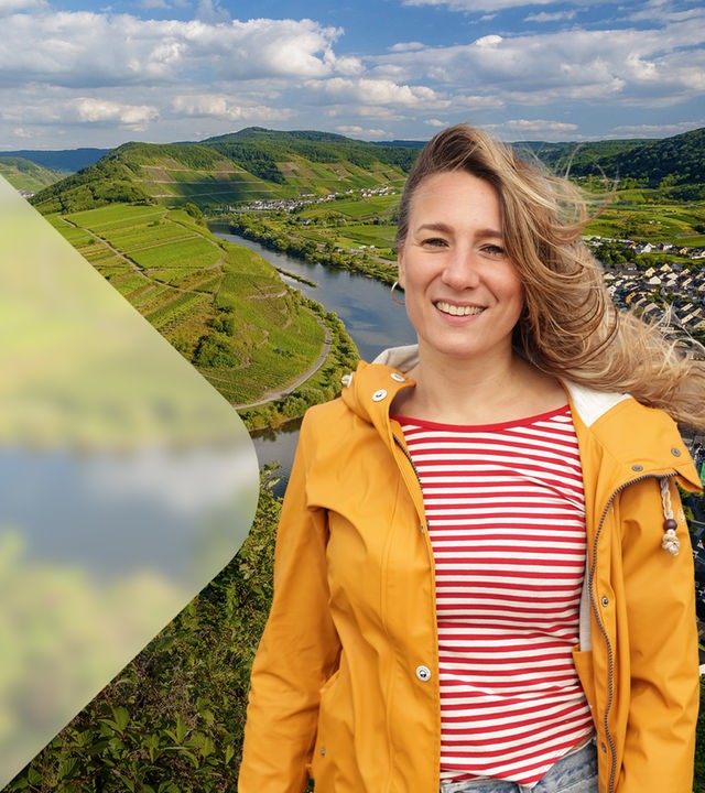 Collage: Jasmina Neudecker vor Moselschleife am Bremmer Calmont.