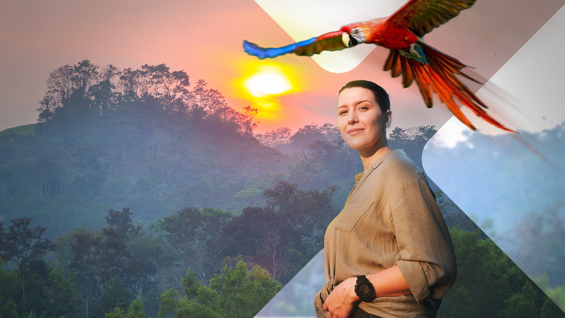 Montage: Hannah Emde vor Dschungel und Ara über dem Kopf