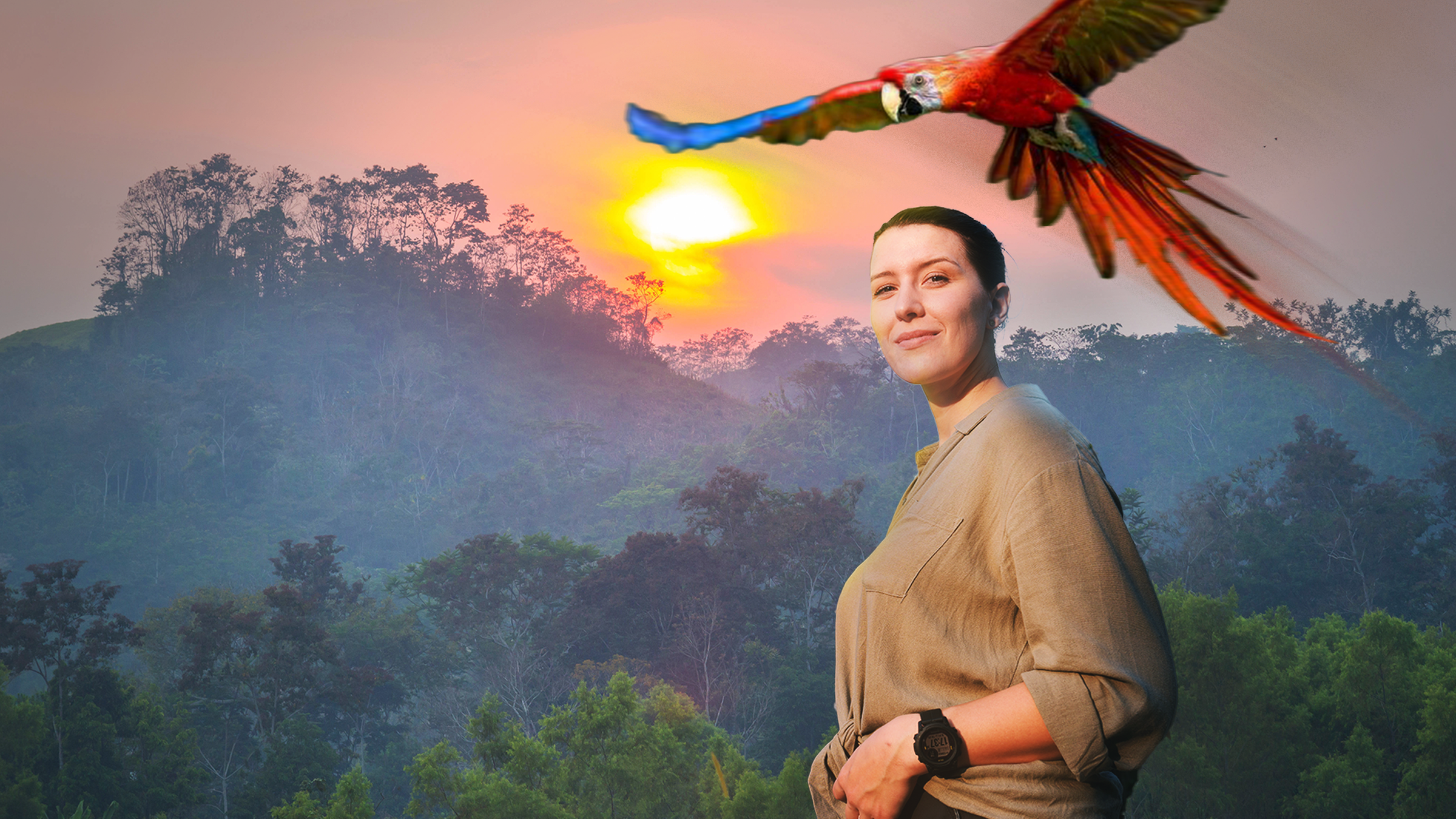 Montage: Hannah Emde vor Dschungel mit Ara