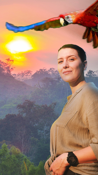 Montage: Hannah Emde vor Dschungel mit Ara