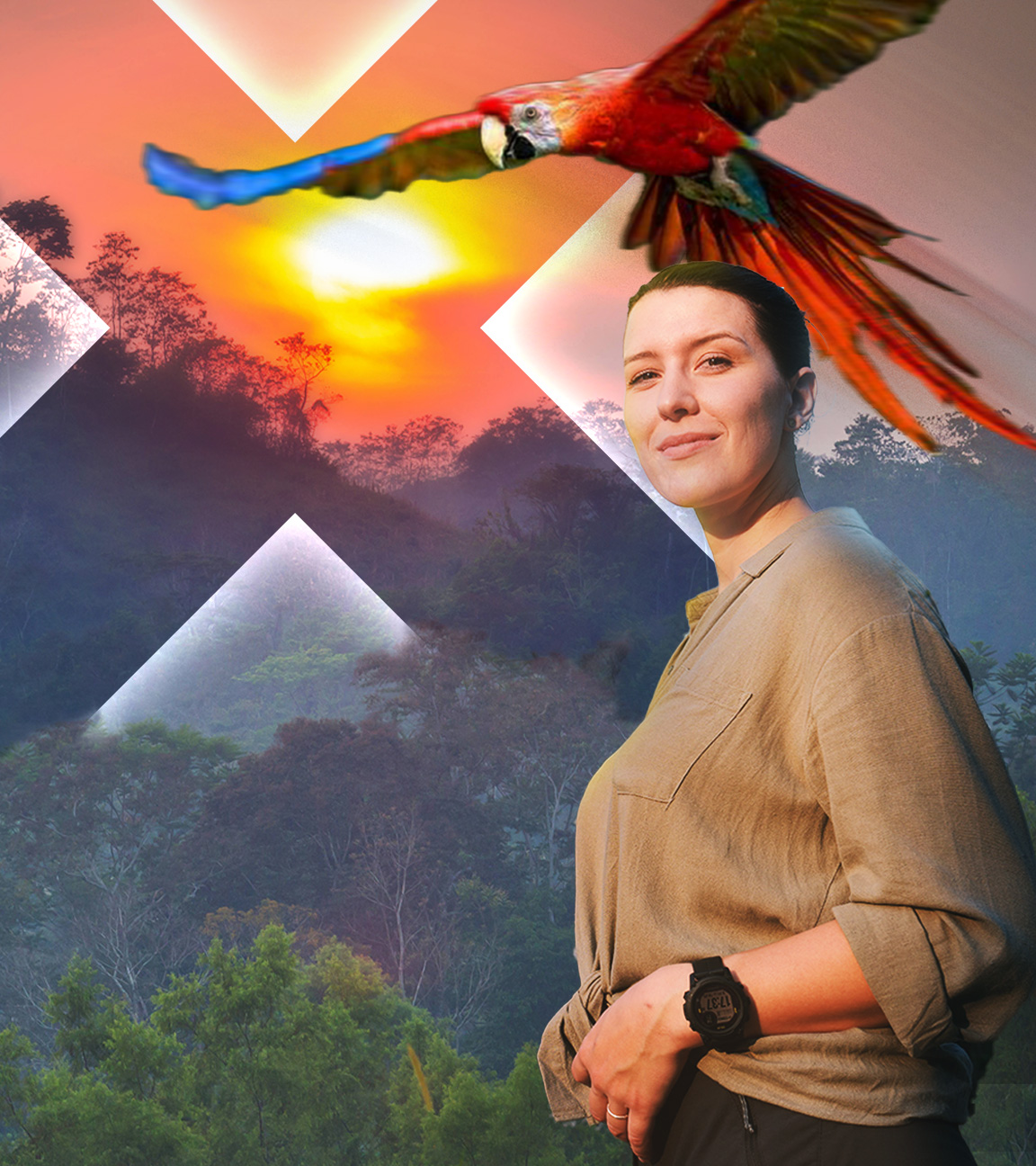 Hannah Emde vor Regenwald und fleigendem Ara über dem  Kopf