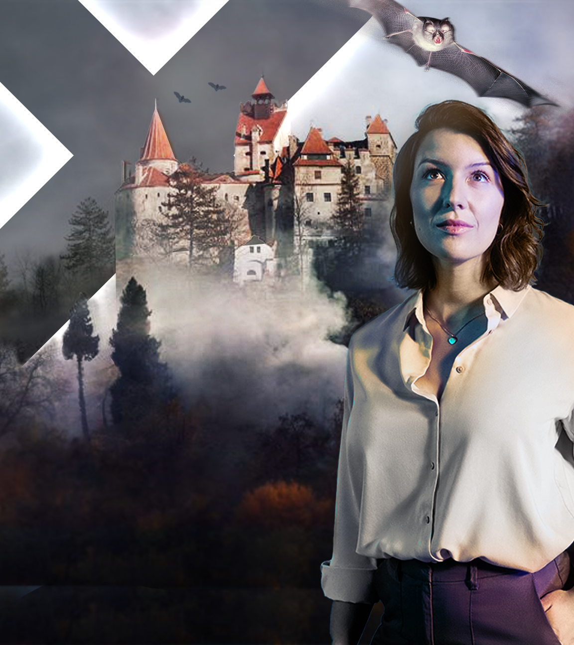 Hannnah Emde vor Dracula Schloss in Transsilvanien