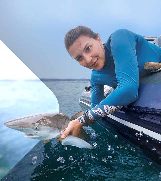 Hannah Emde entlässt einen jungen Dunkelwal in die Freiheit.