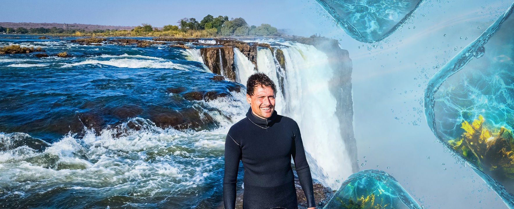 Uli Kunz steht im Wasser eines Wasserfalles 