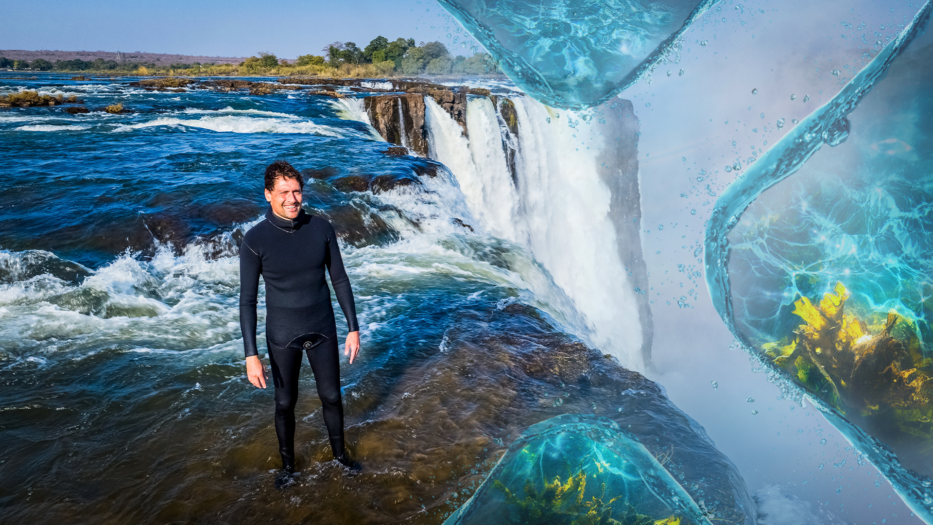 Uli Kunz steht im Wasser eines Wasserfalles 