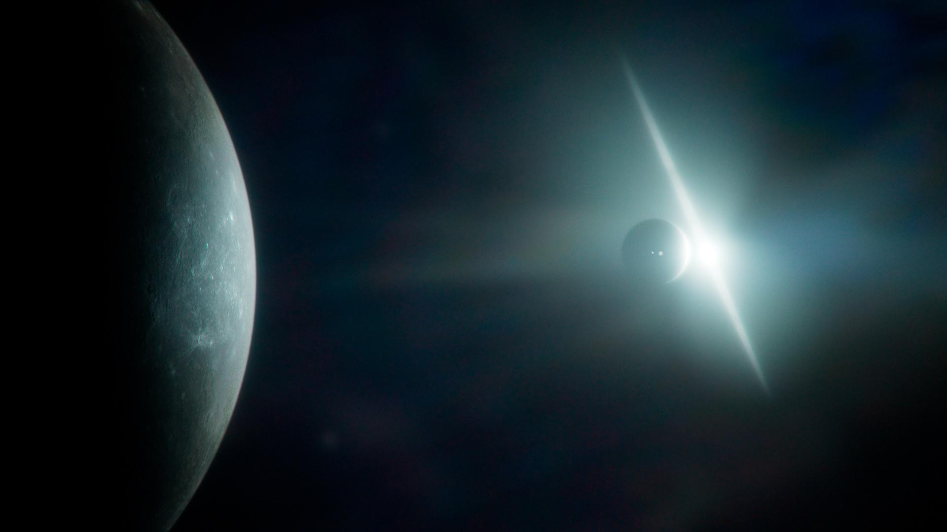 Computeranimation zweier Planeten in unterschiedlicher Entfernung von einem Lichtblitz.