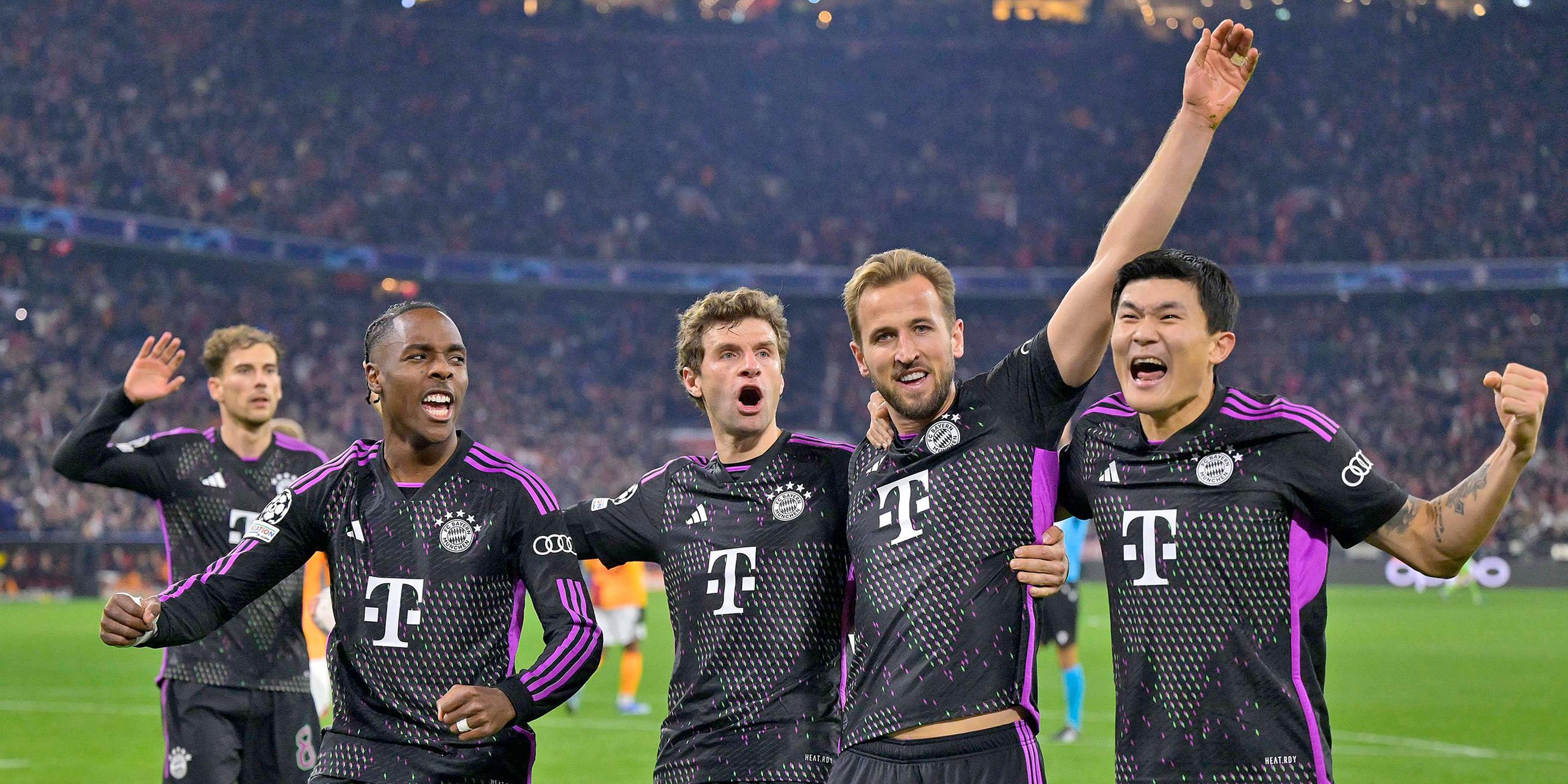 Torjubel v.l. Leon Goretzka (FC Bayern München), Mathys Tel (Bayern München), Thomas Müller (FC Bayern München), Harry Kane (FC Bayern München) und Min-jae Kim jubeln.