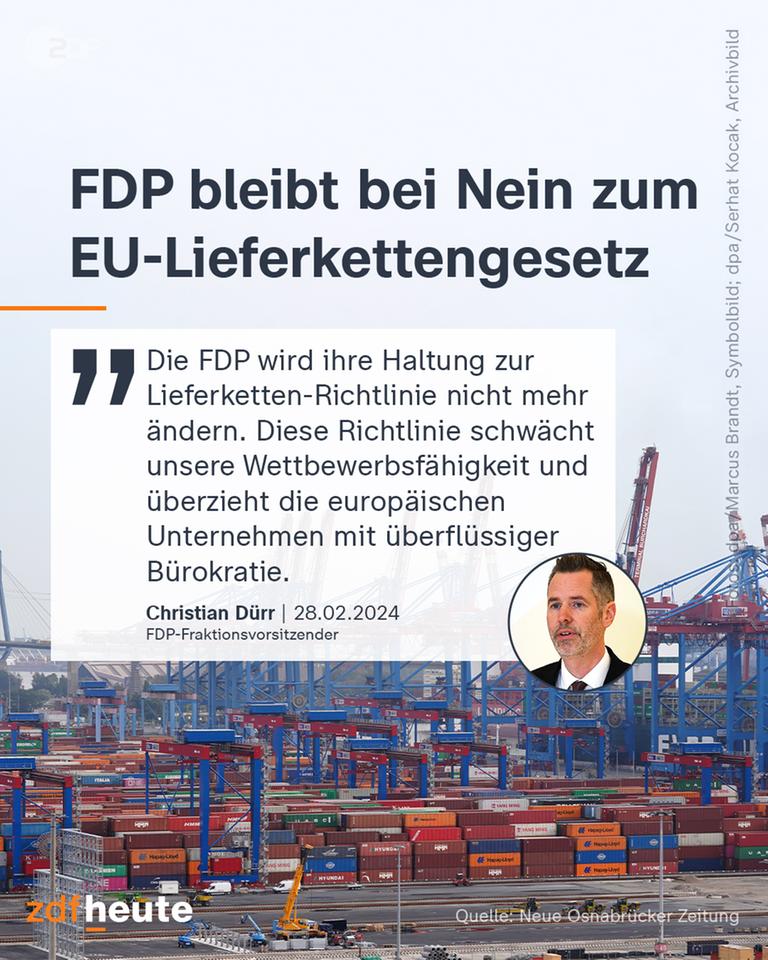 FDP-Fraktionsvorsitzender Christian Dürr im Portrait. Im Hintergrund erstreckt sich ein Container-Hafen.