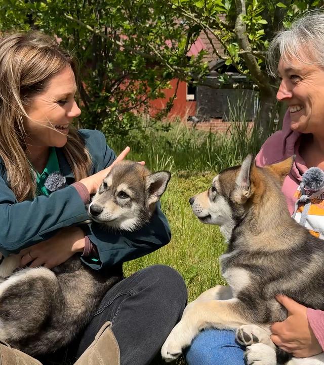 Felicitas Woll mit Tiertrainerin Anja und den Hundewelpen