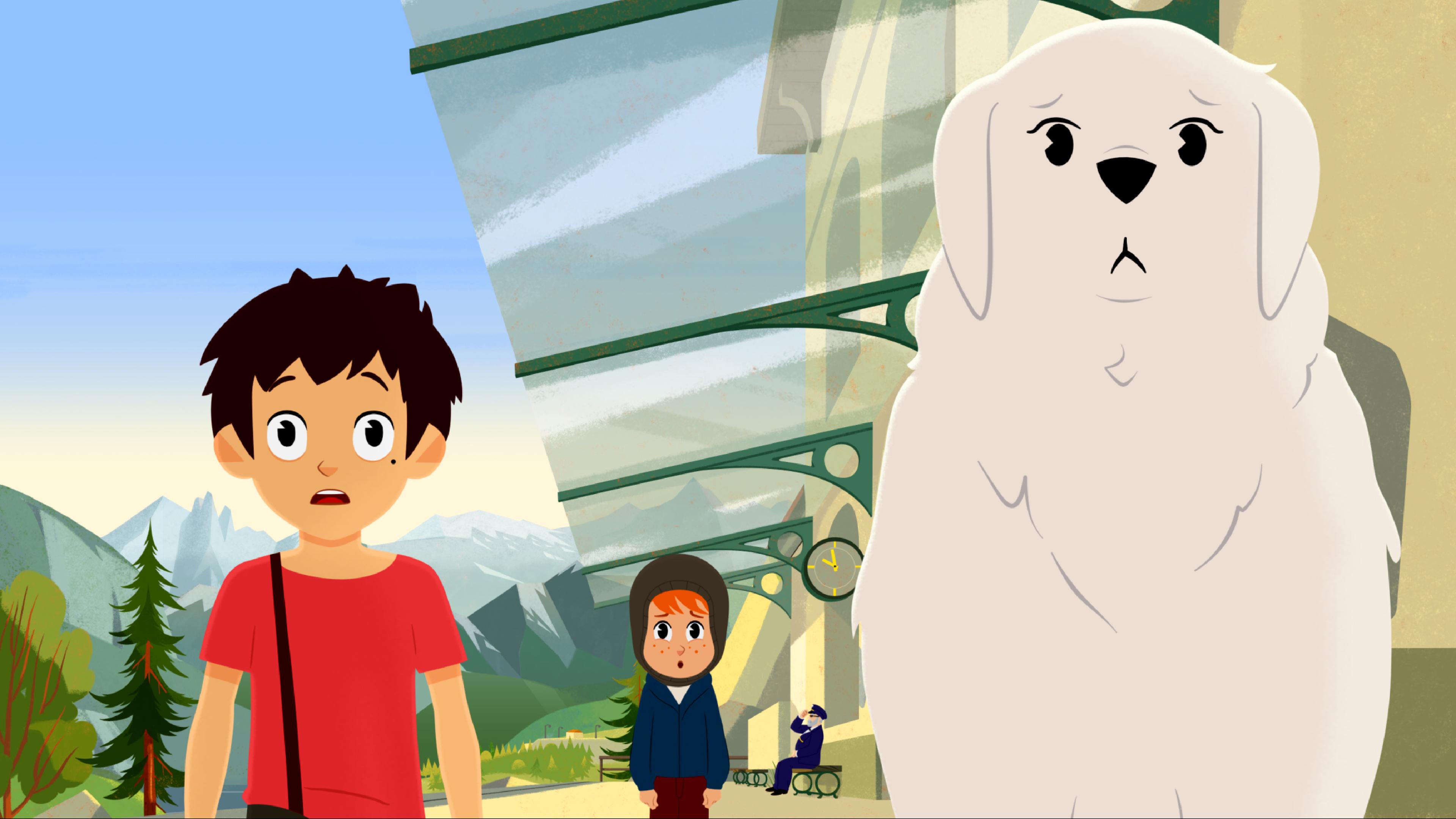 Sebastian, Belle und Sören stehen an einem Bahnsteig. Sie gucken traurig in die gleiche Richtung.