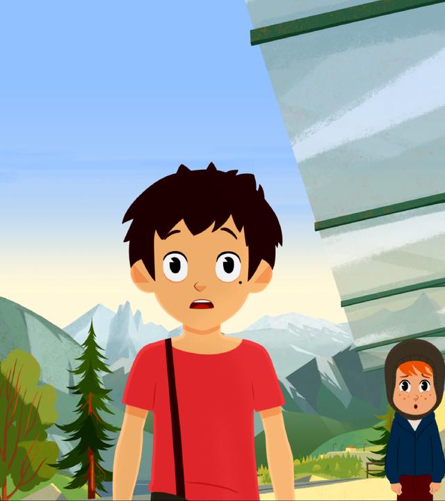 Sebastian, Belle und Sören stehen an einem Bahnsteig. Sie gucken traurig in die gleiche Richtung.
