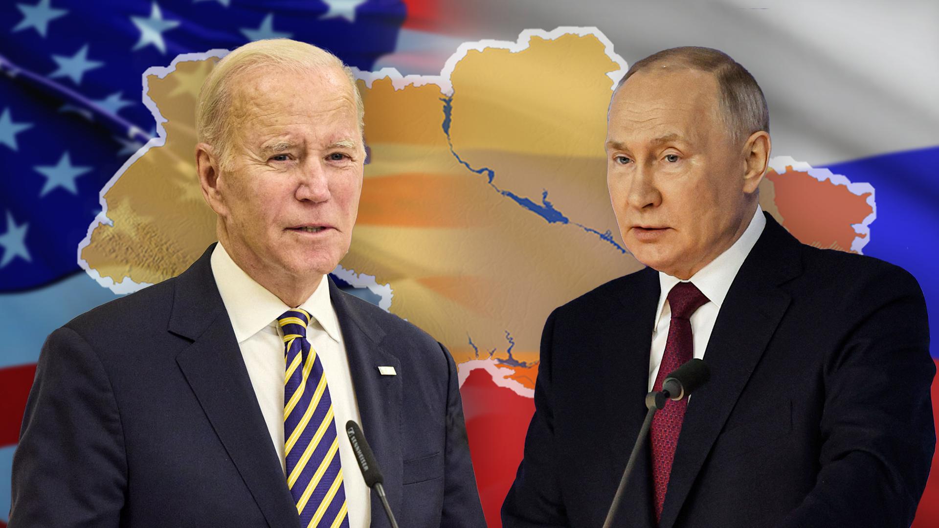 Links eine US-Flagge, rechts eine russische Flagge. Darüber liegt eine Ukraine-Karte. Im Vordergrund: Joe Biden (links) und Wladimir Putin (rechts)