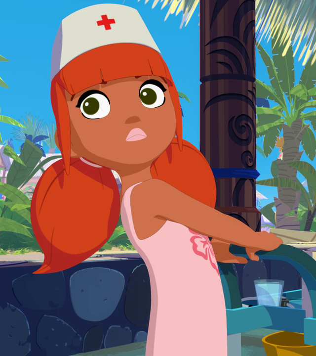 Maevas schiebt einen Wagen mit Essen vor sich her und blickt sich nach hinten um.