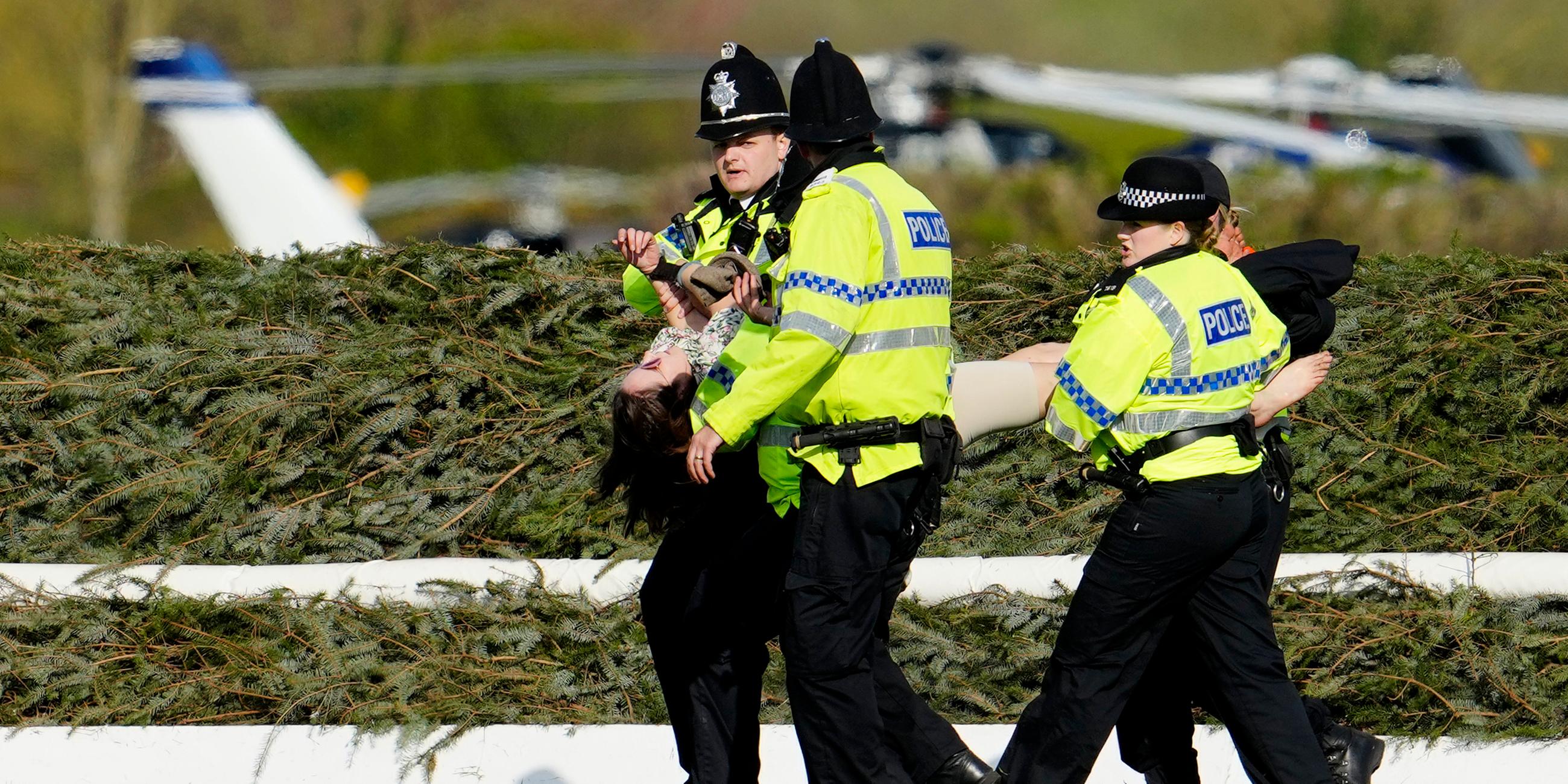 Britische Polizist:innen tragen eine Tierschützerin weg.