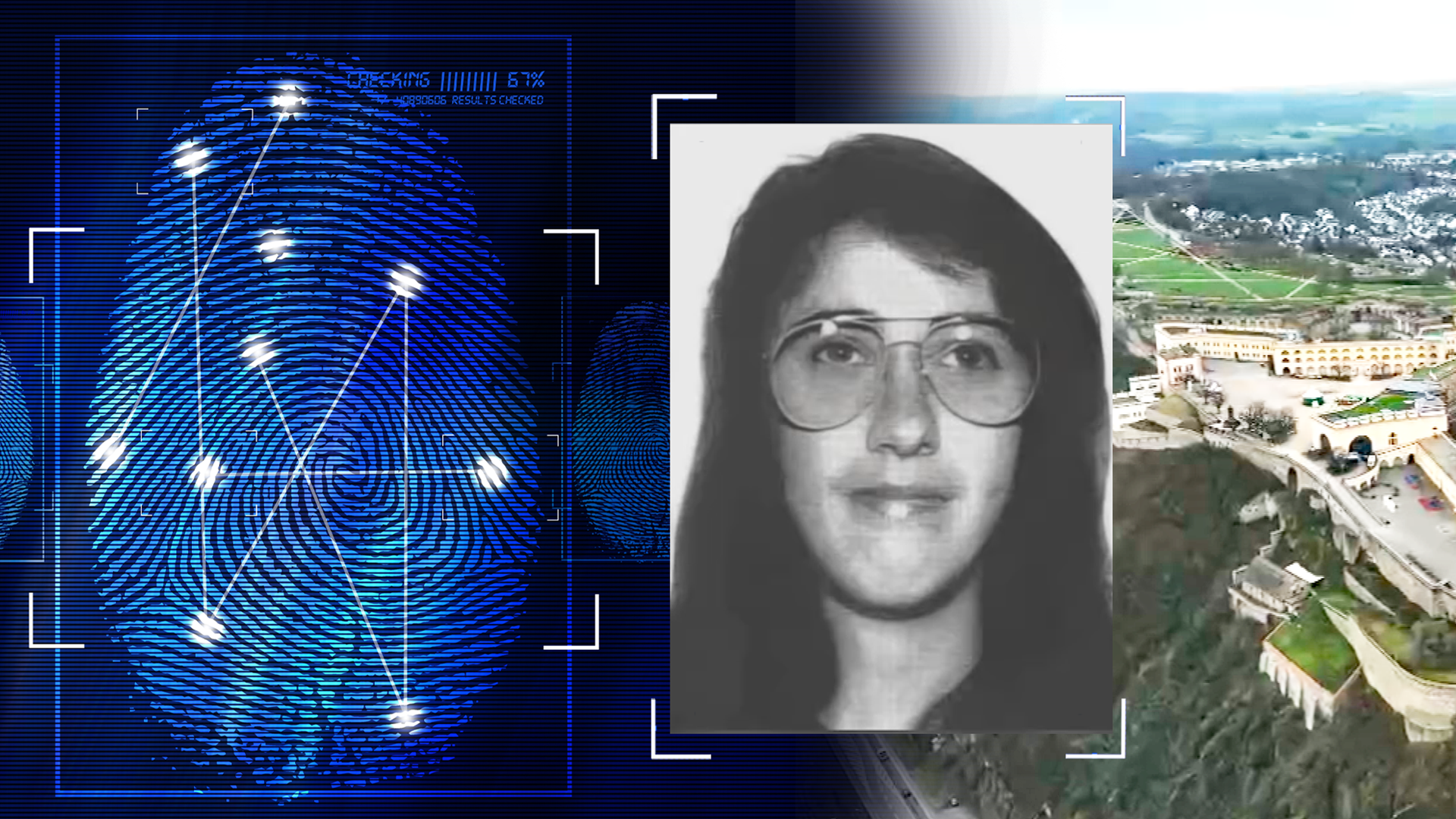 Schwarzweiß Portraitfoto des Opfers Amy Lopez. Im Hintergrund die Festung Ehrenbreitscheid in Koblenz. Links daneben: Lichtschematische Darstellung eines Fingerabdrucks.