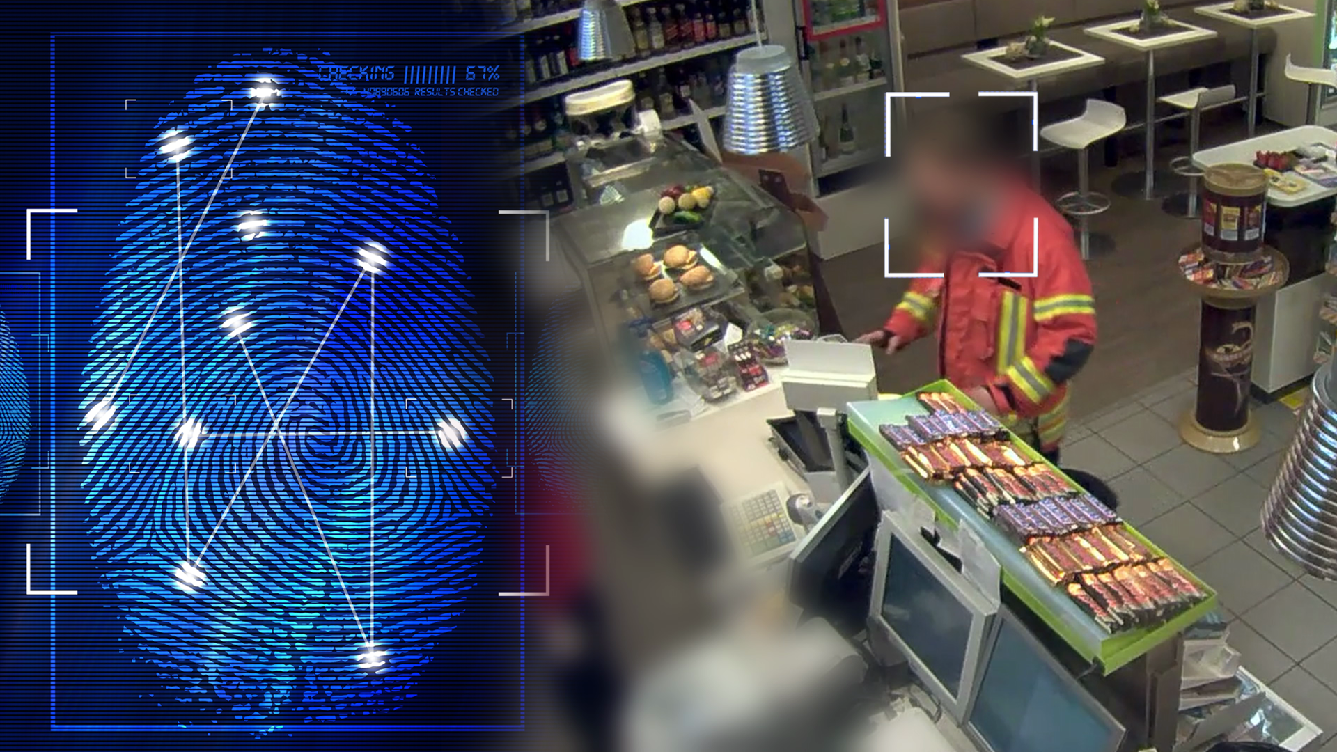 Bild aus einer Überwachungskamera: Verkaufsraum einer Tankstelle von der Kasse aus fotografiert. Ein Feuerwehrmann bezahlt etwas an der Kasse. Sein Gesicht wurde technisch verfremdet. Links daneben: Lichtschematische Darstellung eines Fingerabdrucks.