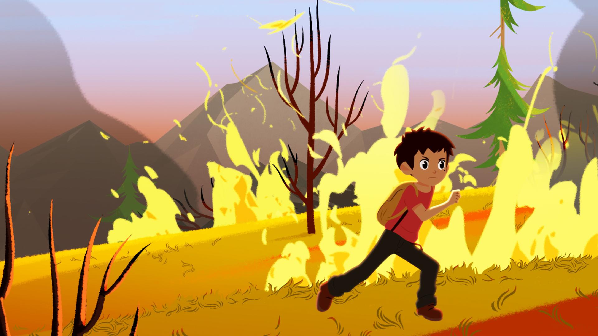 Sebastian rennt durch den Wald. Überall um ihn herum brennt es. 