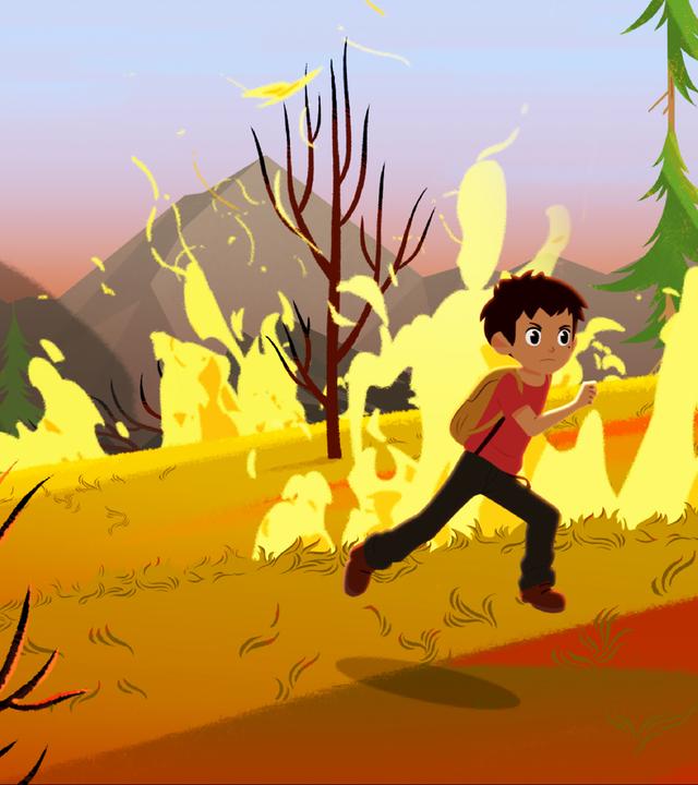 Sebastian rennt durch den Wald. Überall um ihn herum brennt es. 